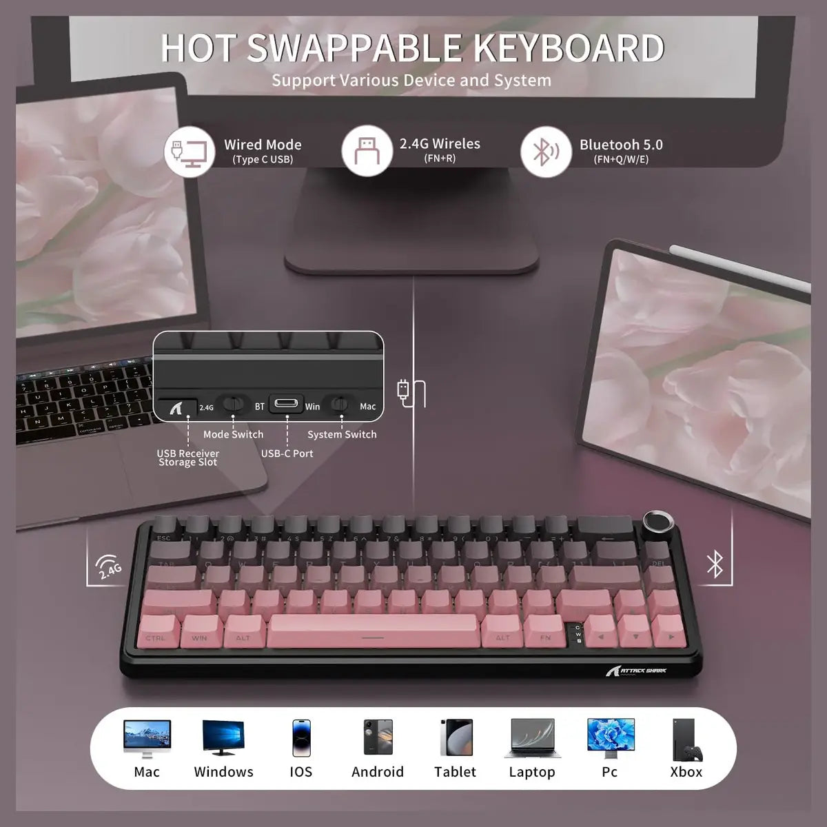 ATTACK SHARK X66 Wireless Gasket Mechanical Keyboard, Bluetooth 2.4G Type-C, 60% ANSI, Hot-Swap, RGB, 3000mAh, Blackberry