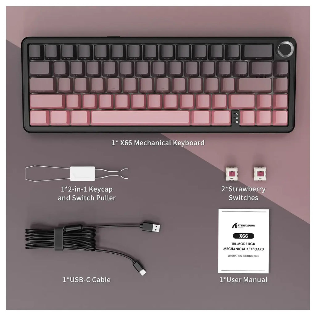 ATTACK SHARK X66 Wireless Gasket Mechanical Keyboard, Bluetooth 2.4G Type-C, 60% ANSI, Hot-Swap, RGB, 3000mAh, Blackberry