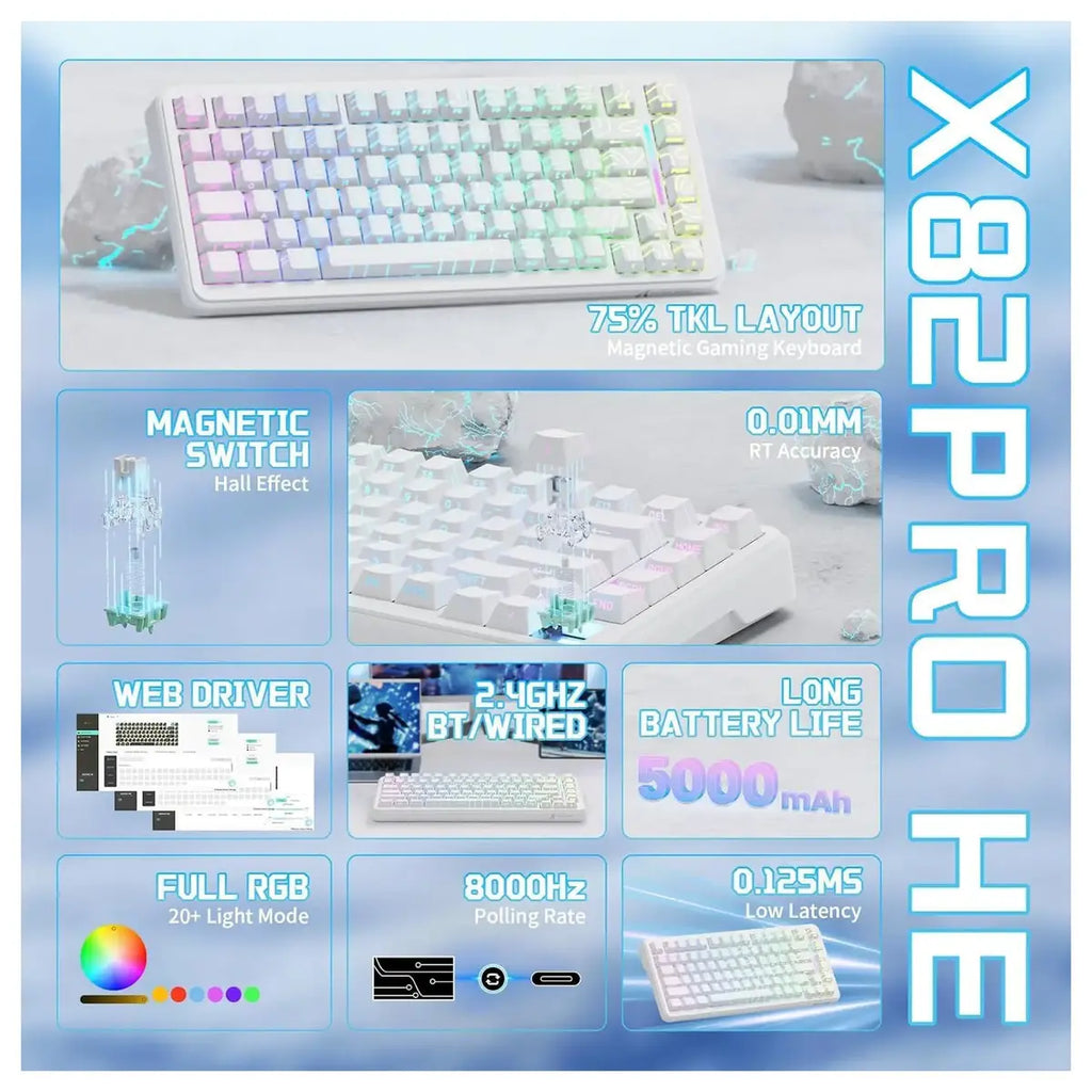 ATTACK SHARK X82PRO HE Wireless Rapid Trigger Gaming Keyboard, Hall Effect Magnetic Switch, 0.01mm Adjustable Actuation, 8Khz Polling Rate, Hot-Swap, RGB, White Contours