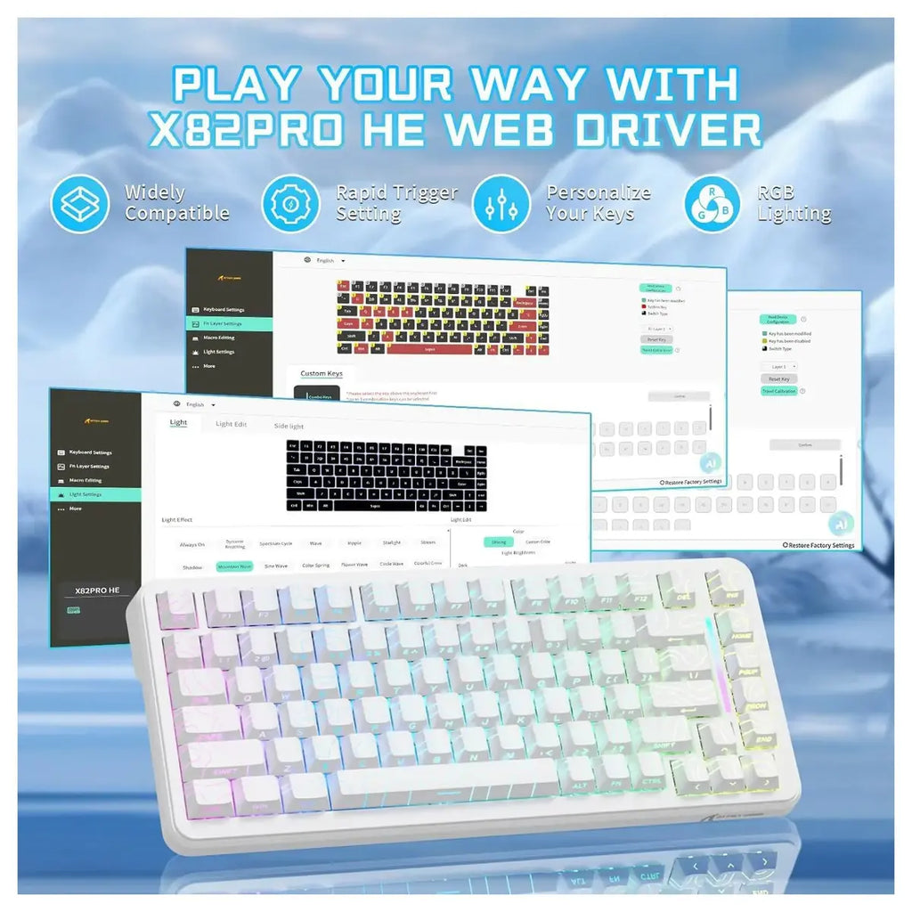 ATTACK SHARK X82PRO HE Wireless Rapid Trigger Gaming Keyboard, Hall Effect Magnetic Switch, 0.01mm Adjustable Actuation, 8Khz Polling Rate, Hot-Swap, RGB, White Contours