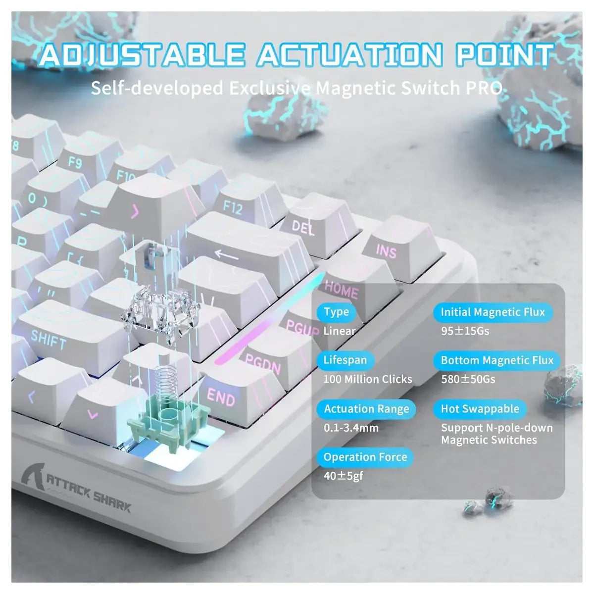 ATTACK SHARK X82PRO HE Wireless Rapid Trigger Gaming Keyboard, Hall Effect Magnetic Switch, 0.01mm Adjustable Actuation, 8Khz Polling Rate, Hot-Swap, RGB, White Contours