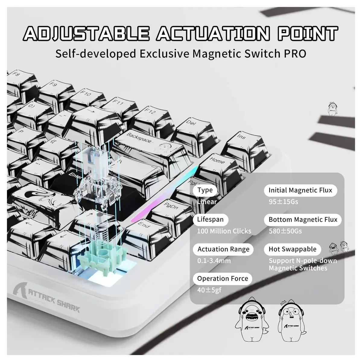 Attack Shark X82 Pro HE Mechanical Gaming Keyboard, Tri-Mode 2.4G Wired BT, 8K Polling Rate, Hall Effect Magnetic Switch, 5000mAh, White Comic