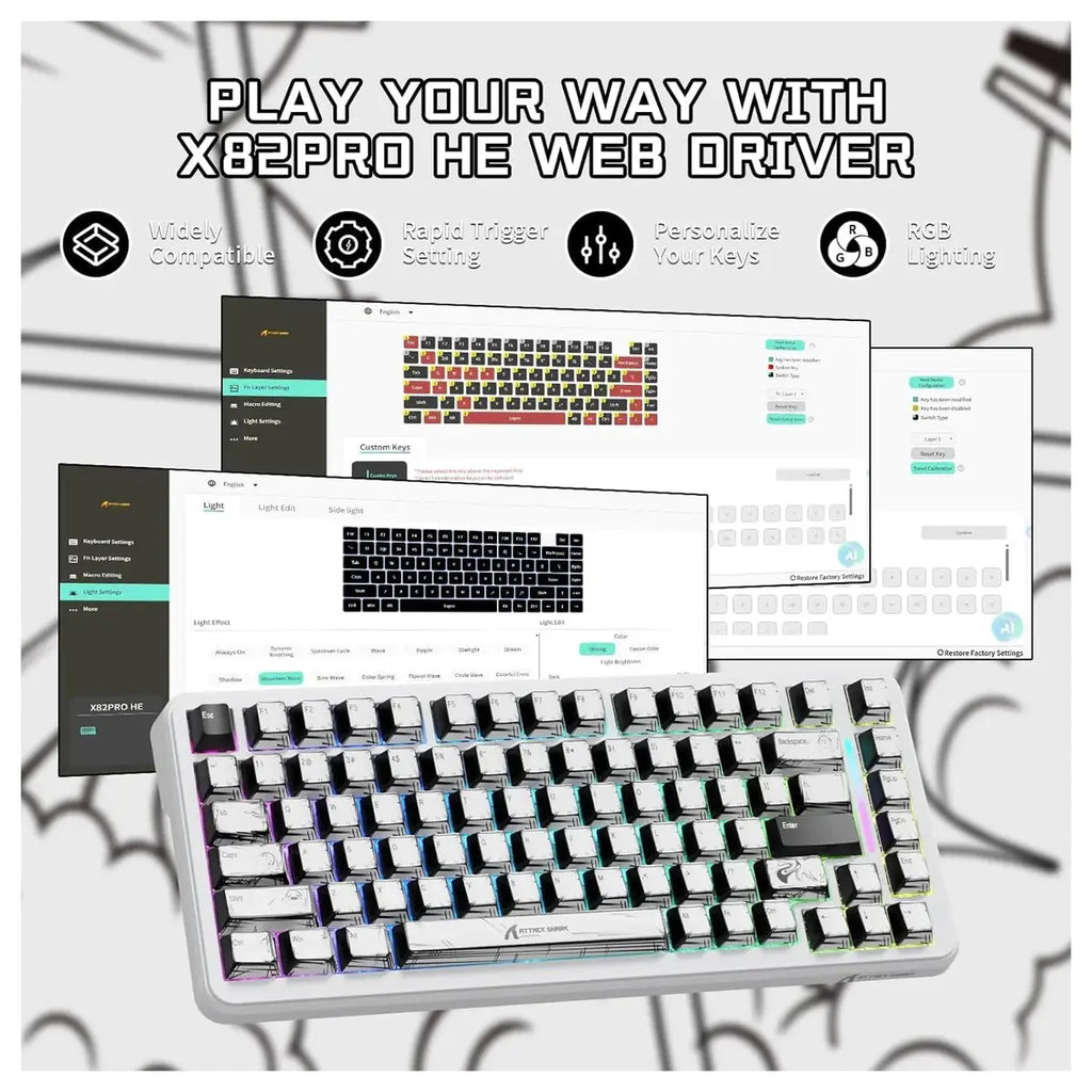 Attack Shark X82 Pro HE Mechanical Gaming Keyboard, Tri-Mode 2.4G Wired BT, 8K Polling Rate, Hall Effect Magnetic Switch, 5000mAh, White Comic