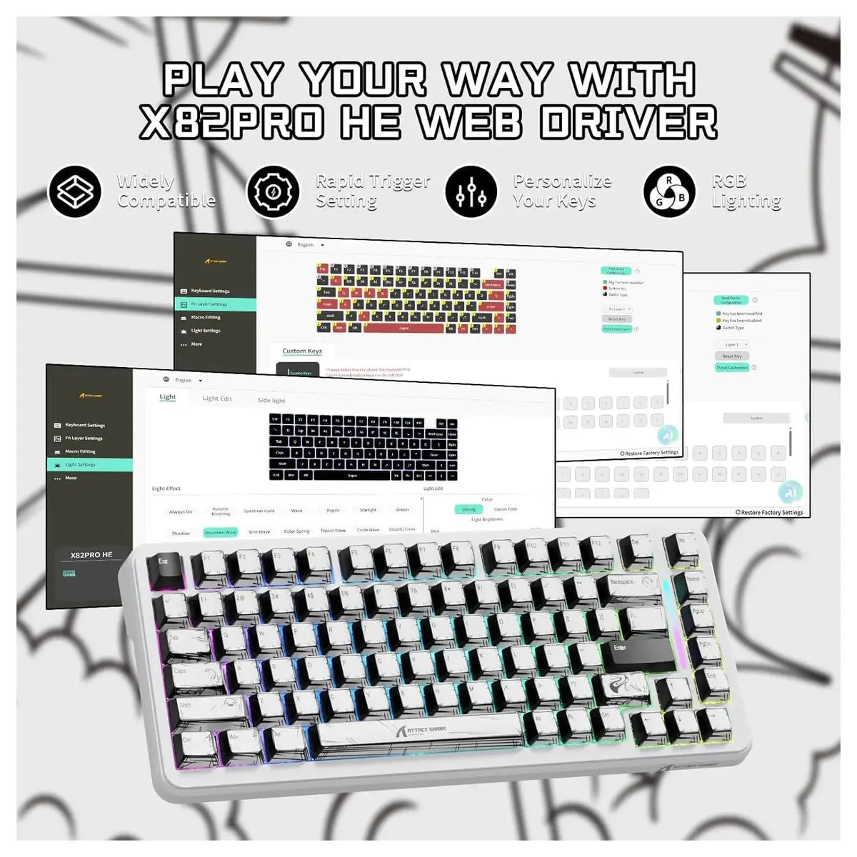 Attack Shark X82 Pro HE Mechanical Gaming Keyboard, Tri-Mode 2.4G Wired BT, 8K Polling Rate, Hall Effect Magnetic Switch, 5000mAh, White Comic