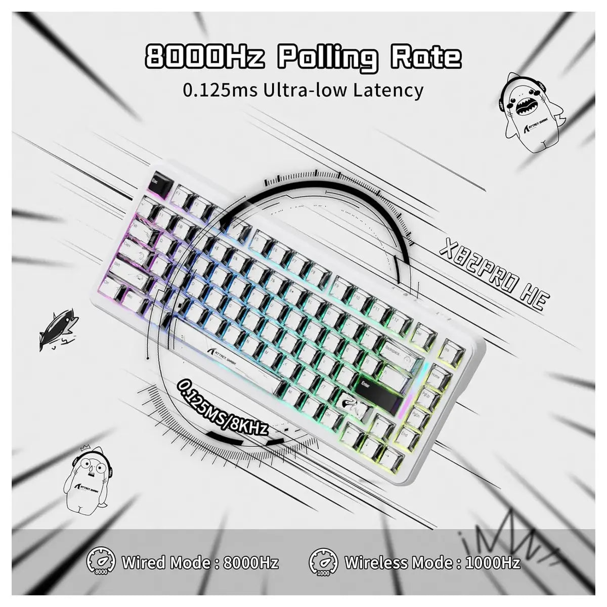 Attack Shark X82 Pro HE Mechanical Gaming Keyboard, Tri-Mode 2.4G Wired BT, 8K Polling Rate, Hall Effect Magnetic Switch, 5000mAh, White Comic