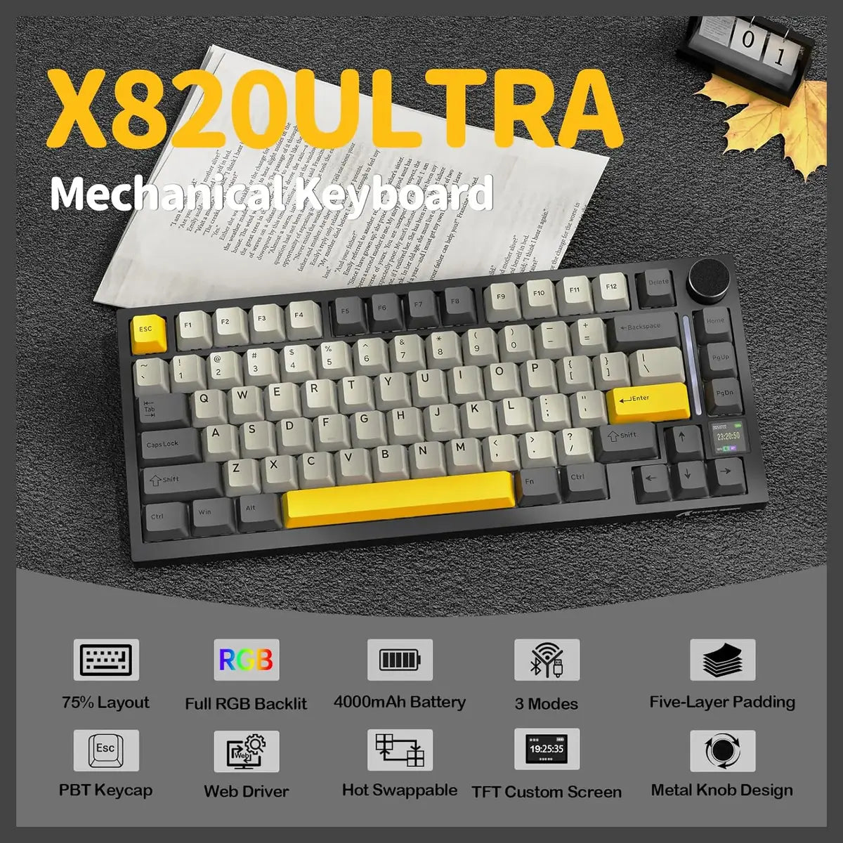 ATTACK SHARK X820 Ultra Tri-Mode Gasket Mechanical Keyboard, 75% ANSI, TFT Display and Knob, Hot-Swappable, RGB, Star Black