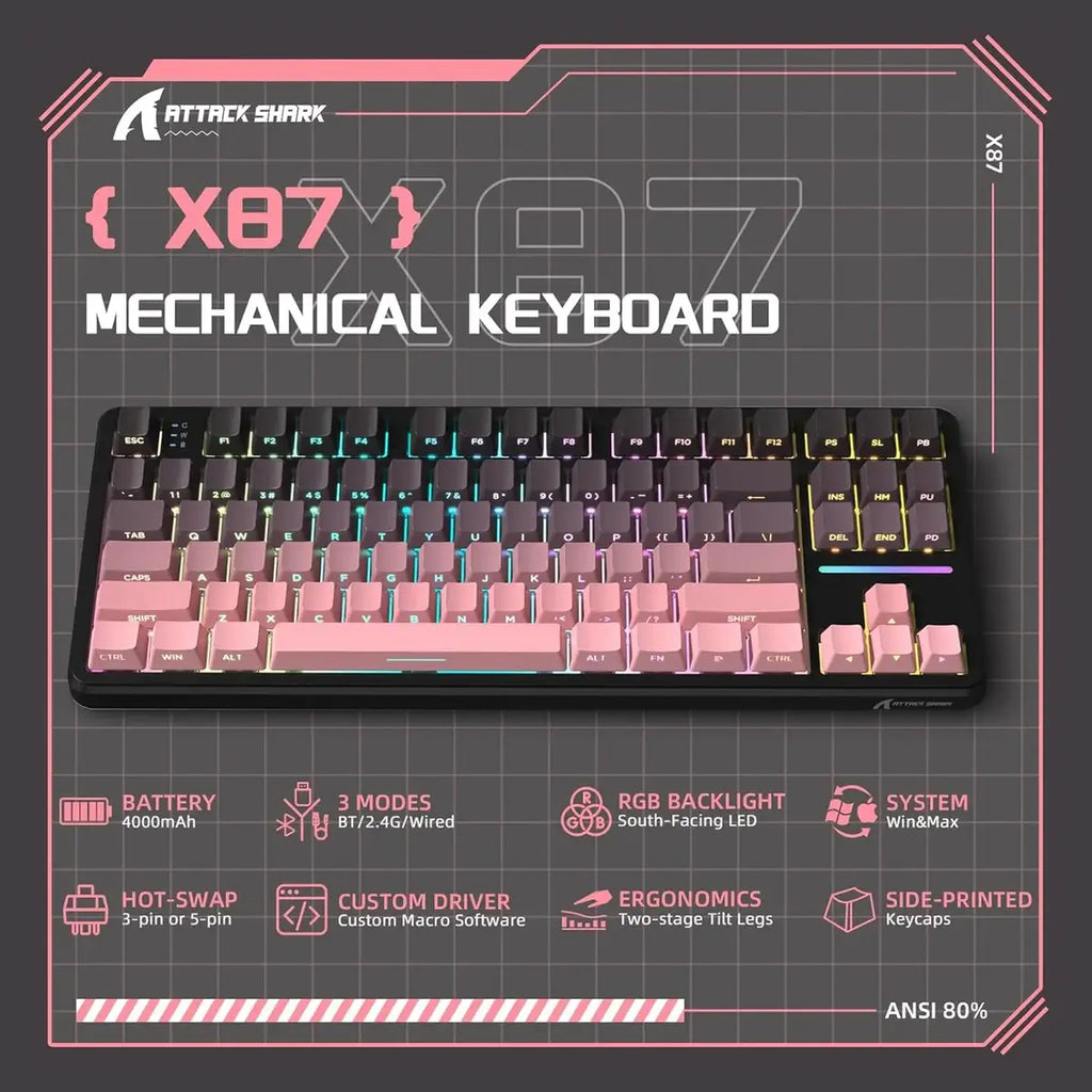 Attack Shark X87 Wireless Mechanical Keyboard, 2.4GHz USB-C Bluetooth, Hot Swappable, RGB Backlit, 4000mAh, Blackberry