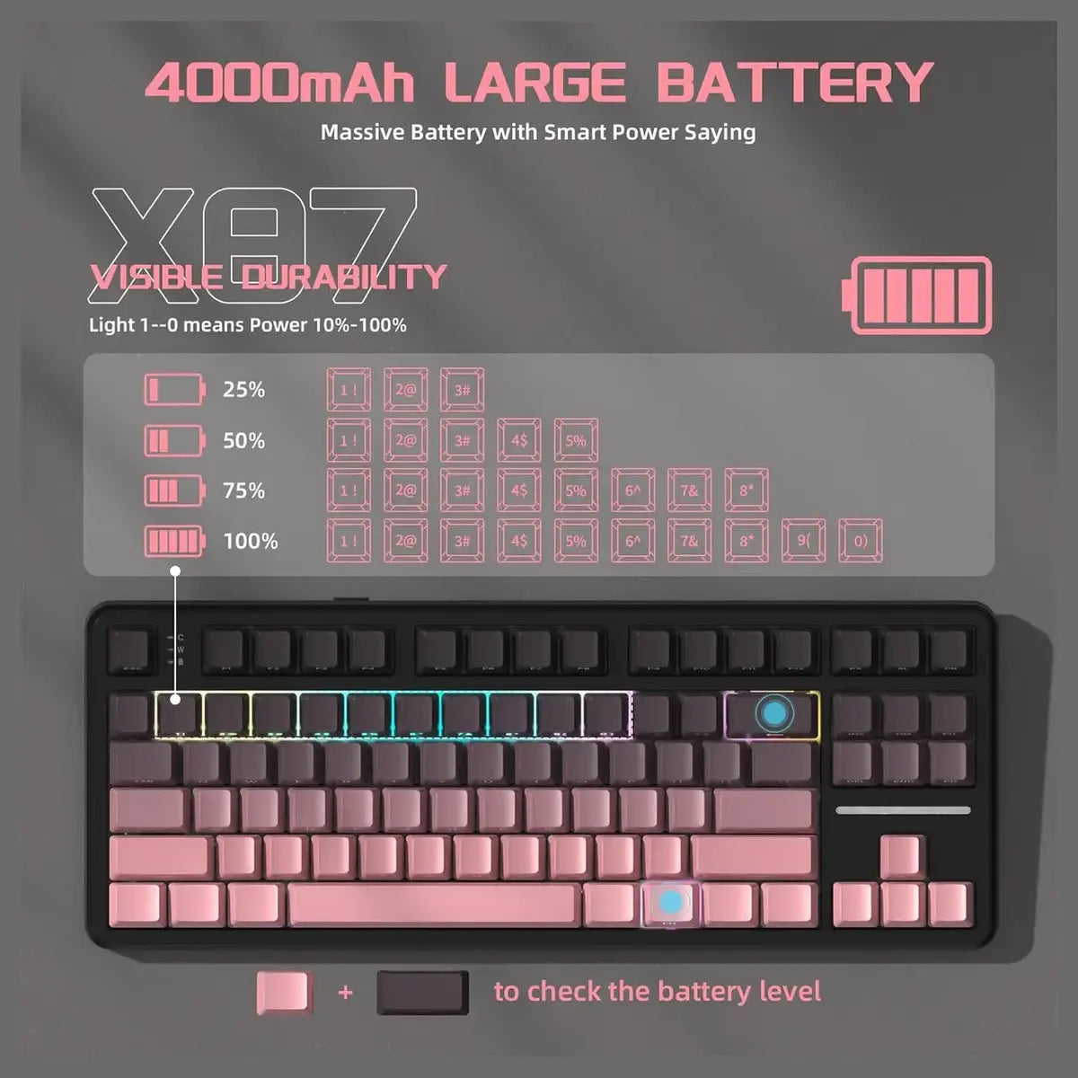Attack Shark X87 Wireless Mechanical Keyboard, 2.4GHz USB-C Bluetooth, Hot Swappable, RGB Backlit, 4000mAh, Blackberry