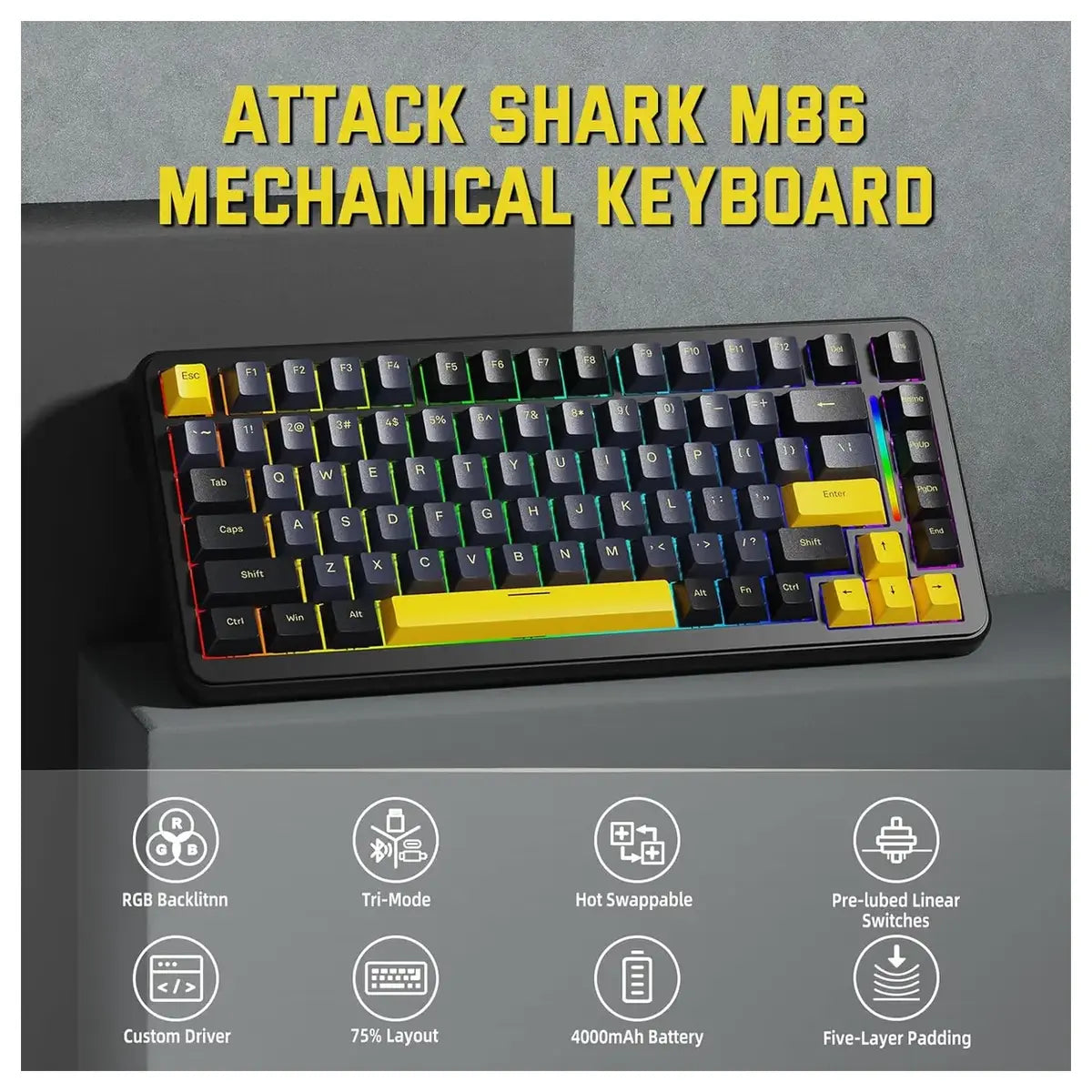 Attack Shark M86 Wireless Mechanical Keyboard 75% Tri-Mode BT5.0 2.4GHz USB-C RGB Hot Swappable Star Black