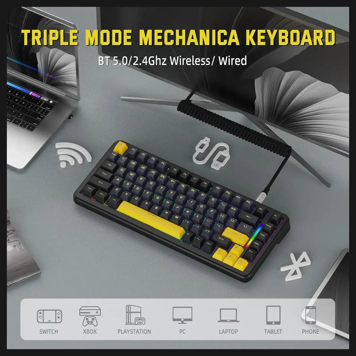 Attack Shark M86 Wireless Mechanical Keyboard 75% Tri-Mode BT5.0 2.4GHz USB-C RGB Hot Swappable Star Black