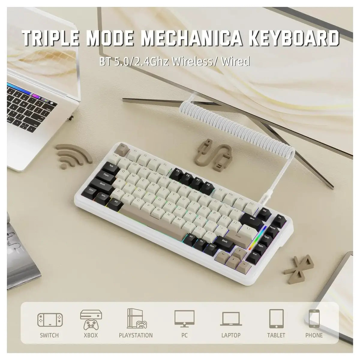 Attack Shark M86 Wireless Mechanical Keyboard 75% Tri-Mode BT5.0 2.4GHz USB-C Hot Swappable RGB Backlit Cheese White