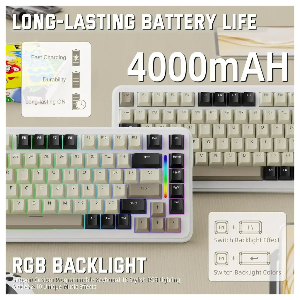 Attack Shark M86 Wireless Mechanical Keyboard 75% Tri-Mode BT5.0 2.4GHz USB-C Hot Swappable RGB Backlit Cheese White