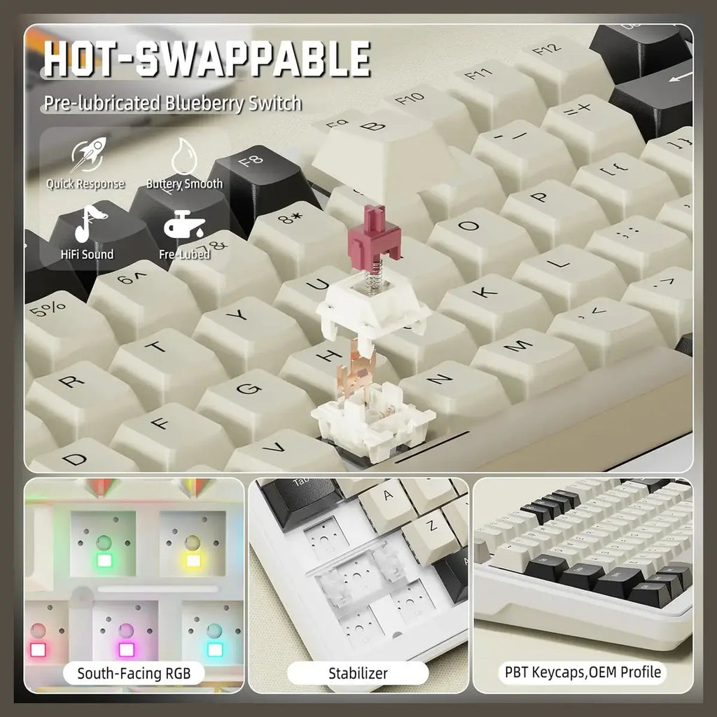 Attack Shark M86 Wireless Mechanical Keyboard 75% Tri-Mode BT5.0 2.4GHz USB-C Hot Swappable RGB Backlit Cheese White