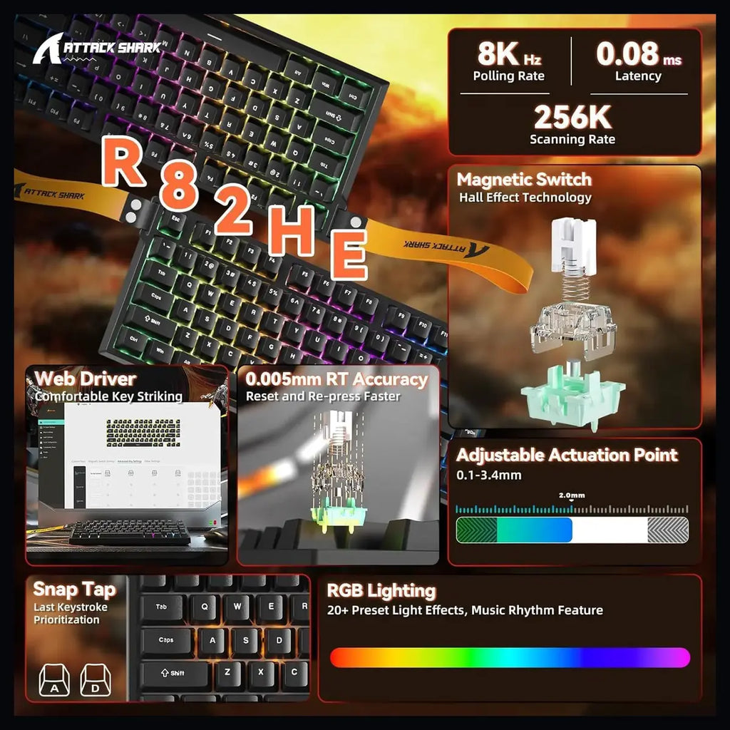 Attack Shark R82 HE Rapid Trigger Wired Mechanical Gaming Keyboard, 8K Polling, 0.005mm RT Accuracy, 256K Scan Rate, 5 Layer Sound Damped, Black