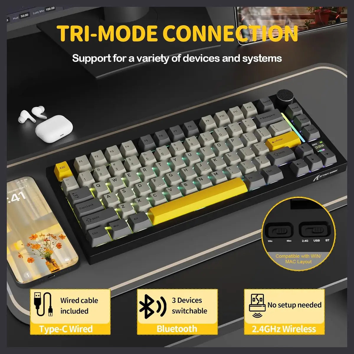 ATTACK SHARK X820 Ultra Mechanical Keyboard Tri-Mode 75% ANSI Hot-Swappable RGB Mac and Win Star Black