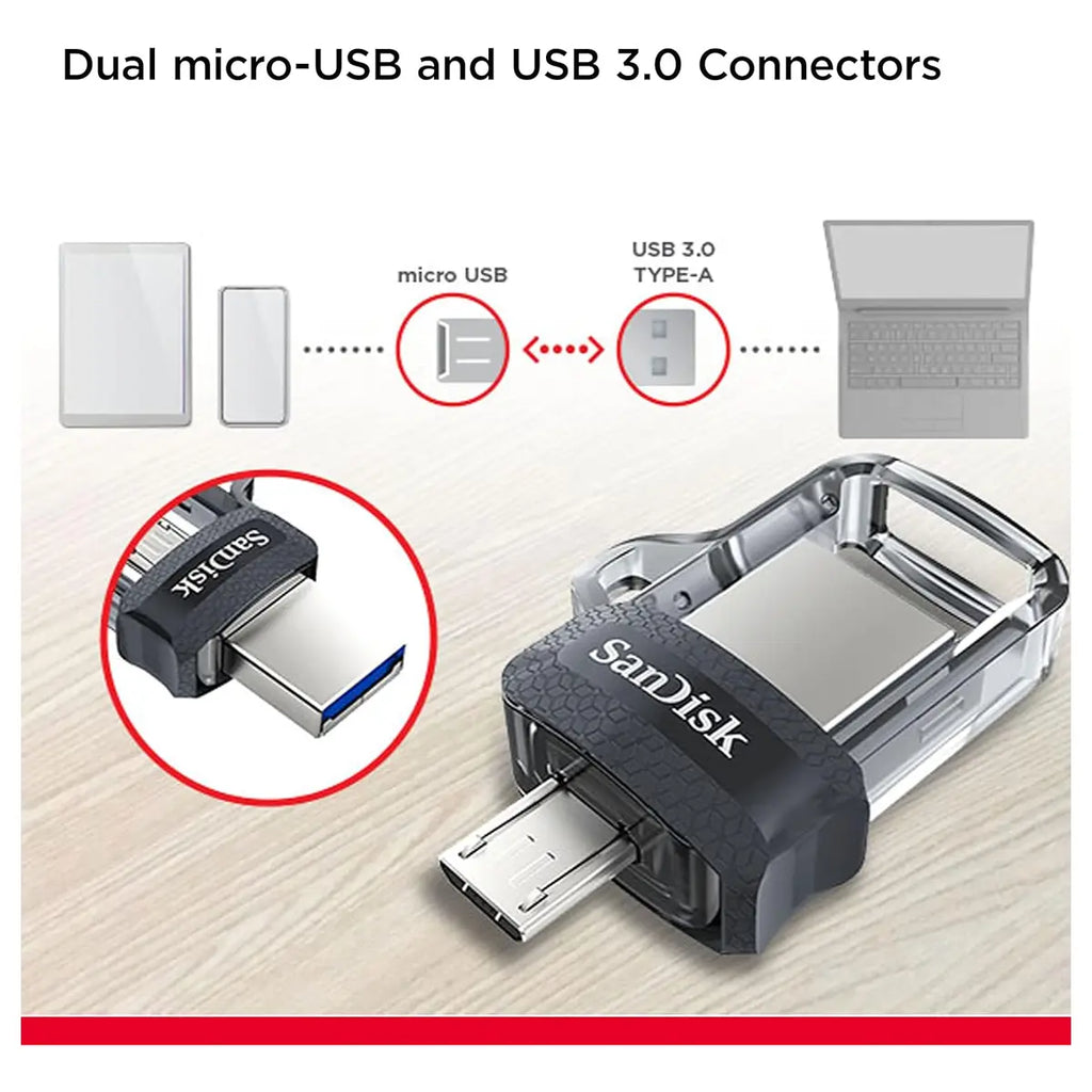 SanDisk Ultra Dual Drive M3.0 128GB Flash Drive, USB 3.0 Micro-USB, Up To 130MB/s Black-Gray SDDD3-128G-G46