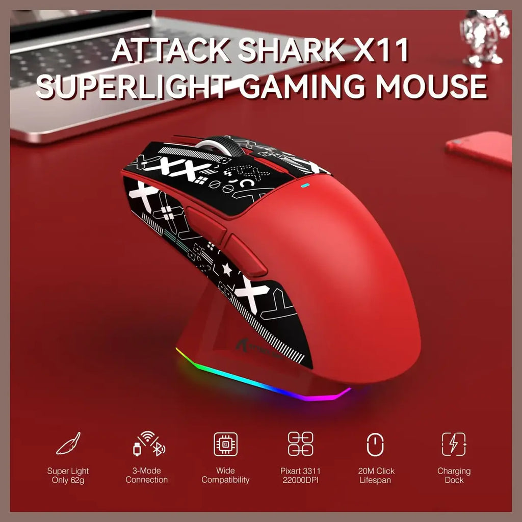 Attack Shark X11 Lightweight Wireless Gaming Mouse With RGB Charging Dock Tri-Mode 2.4G USB-C Wired BT, 22K DPI, PAW3311 Optical Sensor, 5 Programmable Buttons, Red
