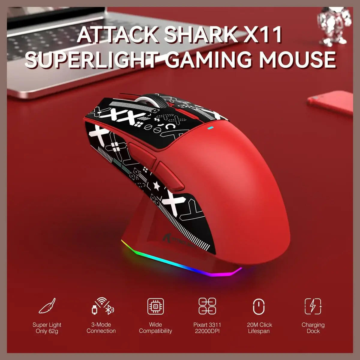 Attack Shark X11 Lightweight Wireless Gaming Mouse With RGB Charging Dock Tri-Mode 2.4G USB-C Wired BT, 22K DPI, PAW3311 Optical Sensor, 5 Programmable Buttons, Red