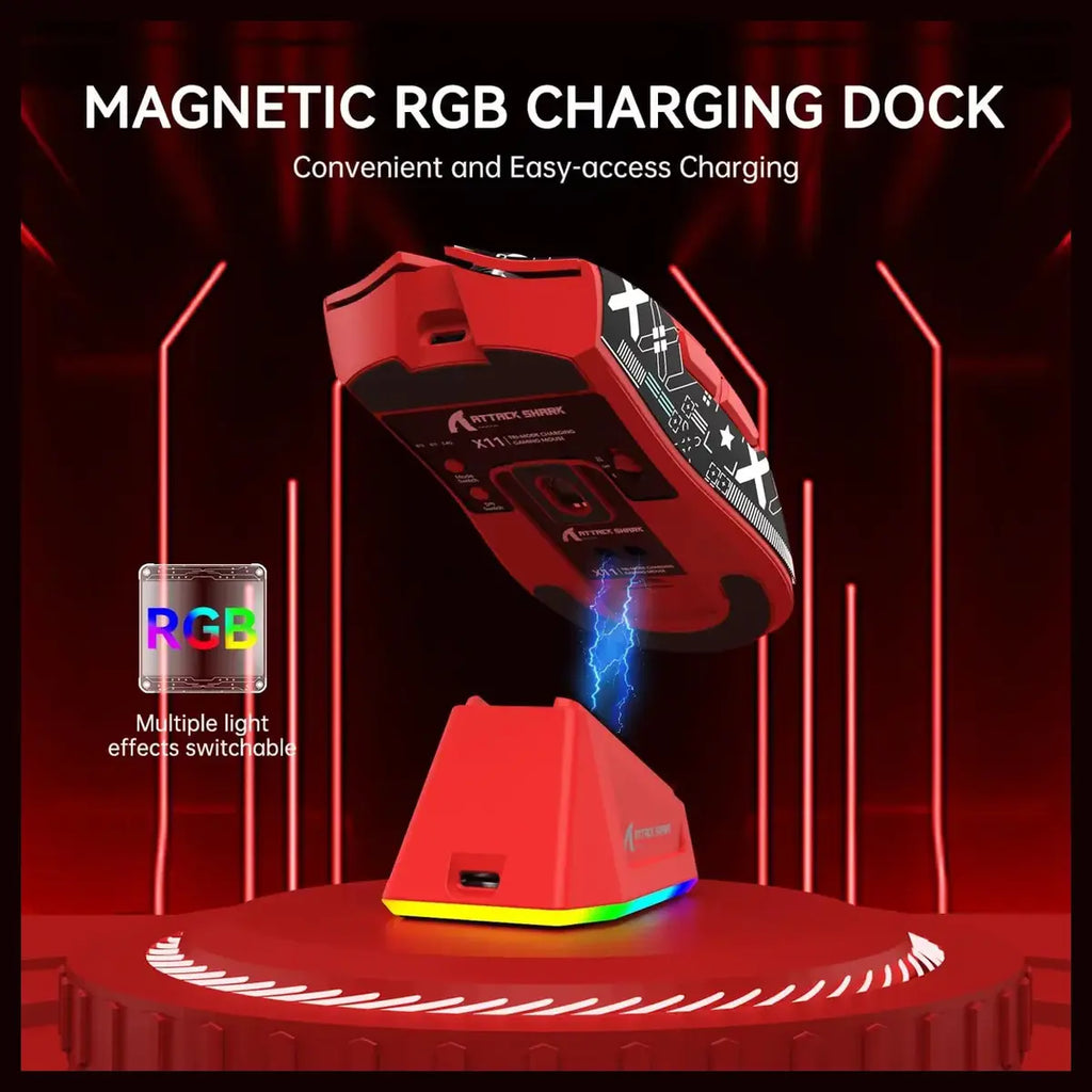 Attack Shark X11 Lightweight Wireless Gaming Mouse With RGB Charging Dock Tri-Mode 2.4G USB-C Wired BT, 22K DPI, PAW3311 Optical Sensor, 5 Programmable Buttons, Red