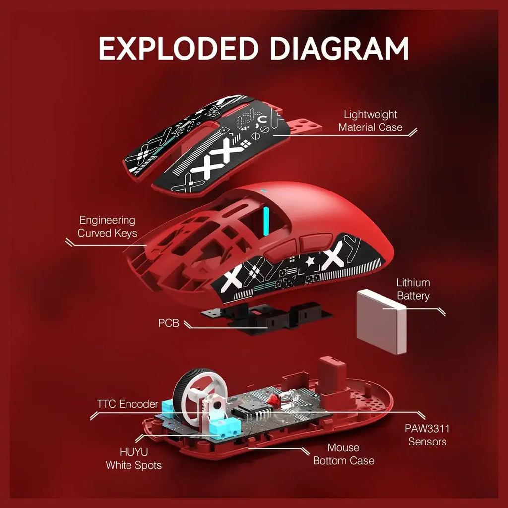Attack Shark X11 Lightweight Wireless Gaming Mouse With RGB Charging Dock Tri-Mode 2.4G USB-C Wired BT, 22K DPI, PAW3311 Optical Sensor, 5 Programmable Buttons, Red