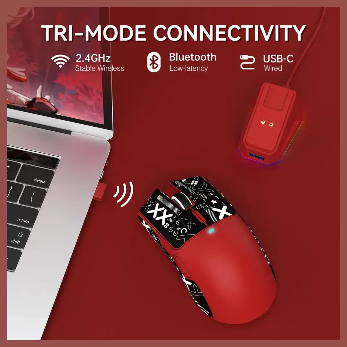Attack Shark X11 Lightweight Wireless Gaming Mouse With RGB Charging Dock Tri-Mode 2.4G USB-C Wired BT, 22K DPI, PAW3311 Optical Sensor, 5 Programmable Buttons, Red