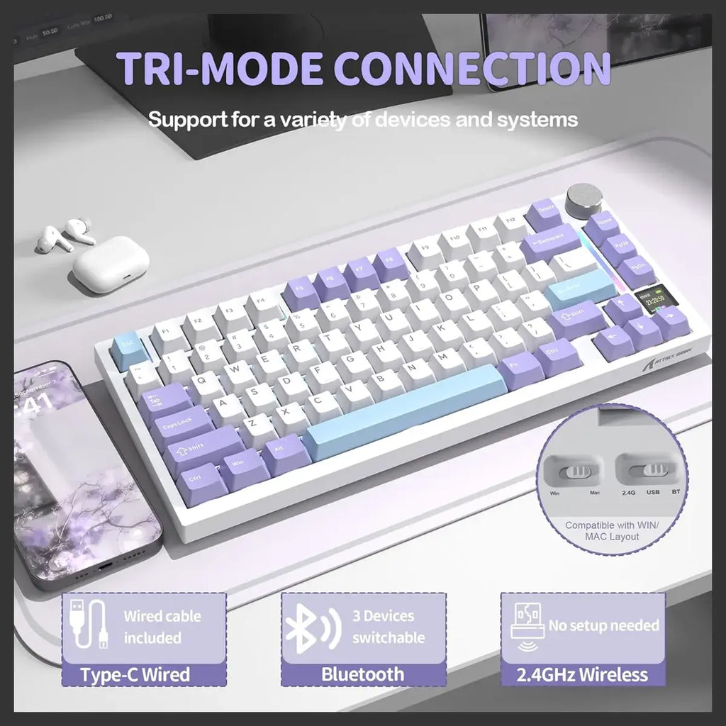 Attack Shark X820 Ultra Wireless Mechanical Keyboard, 75% Hot Swappable, BT 2.4G Wired, RGB, PBT Keycaps, Starlight White