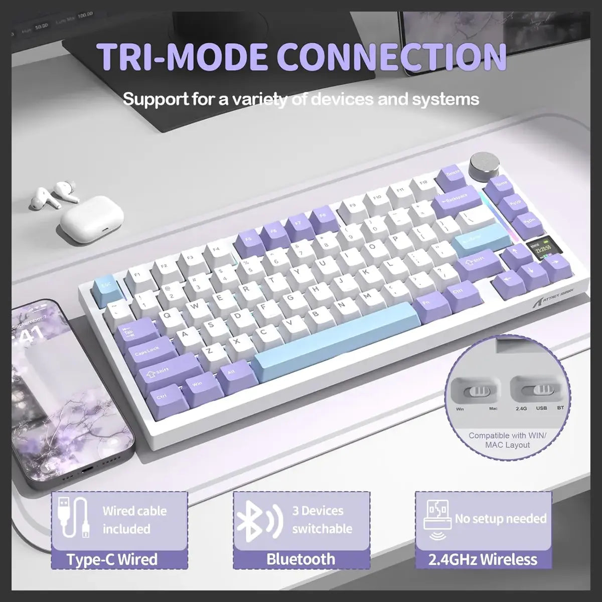 Attack Shark X820 Ultra Wireless Mechanical Keyboard, 75% Hot Swappable, BT 2.4G Wired, RGB, PBT Keycaps, Starlight White