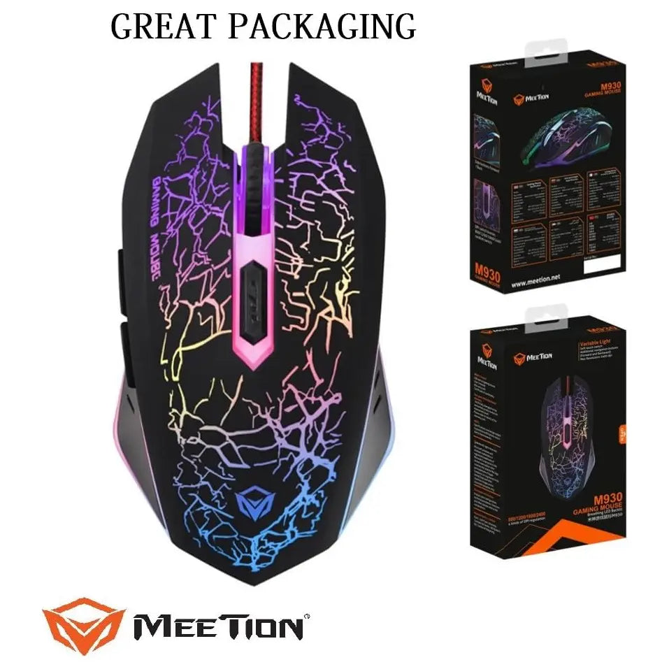MEETION M930 Gaming Mouse Wired Optical 7200 DPI 6 Button Ambidextrous Black