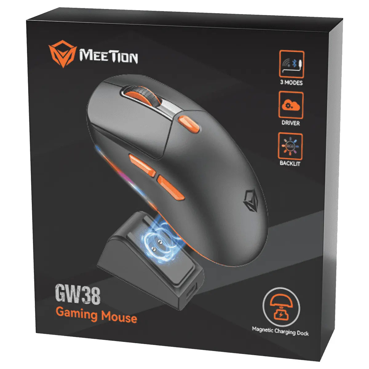 Meetion GW38 Wireless Tri-Mode Mouse With Magnetic Charging Dock, Up To 8000 DPI, 1000Hz, Black