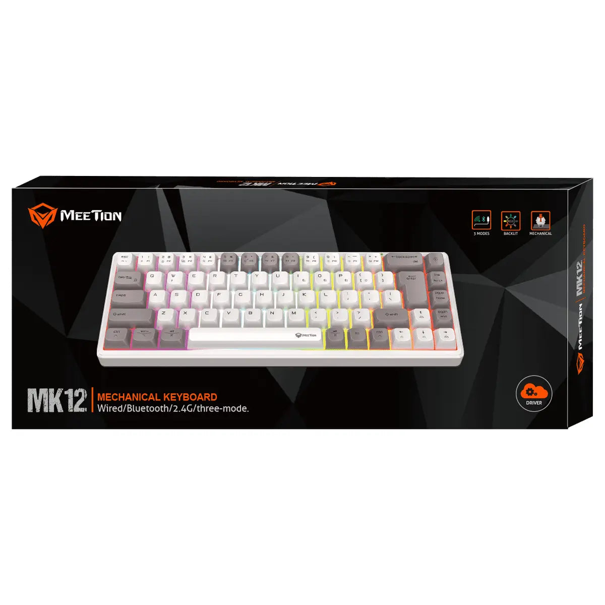 Meetion MK12 Mechanical Keyboard, Tri-Mode USB-C 2.4GHz Wireless Bluetooth 5.0, 68-Key, Hot-Swappable, RGB, White