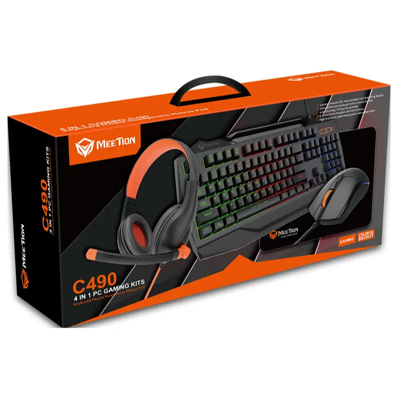 Meetion C490 4 In 1 PC Gaming Kit, Keyboard Mouse Headset Mouse Pad, 2400 DPI, USB, 3.5mm