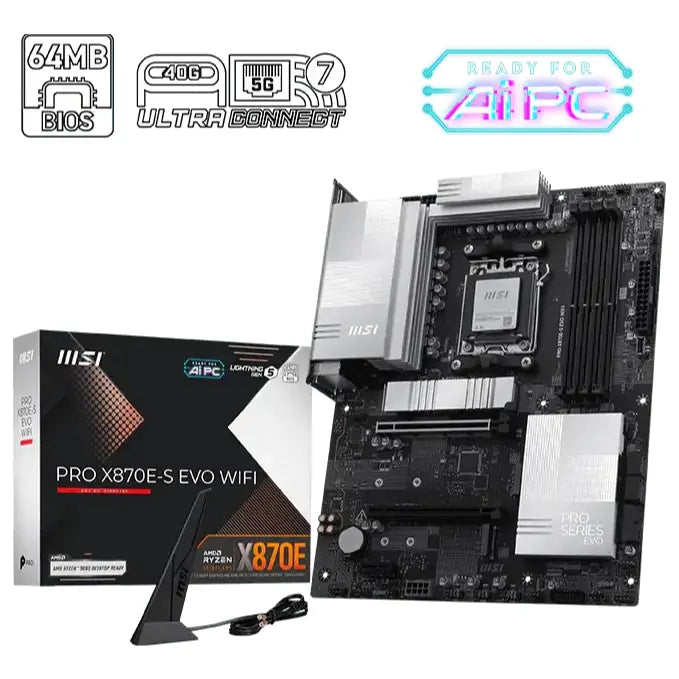 MSI Pro X870E-S EVO WIFI Motherboard AM5 ATX, DDR5 8200+MT/s, Wi-Fi 7, 5G LAN, USB4, Silver