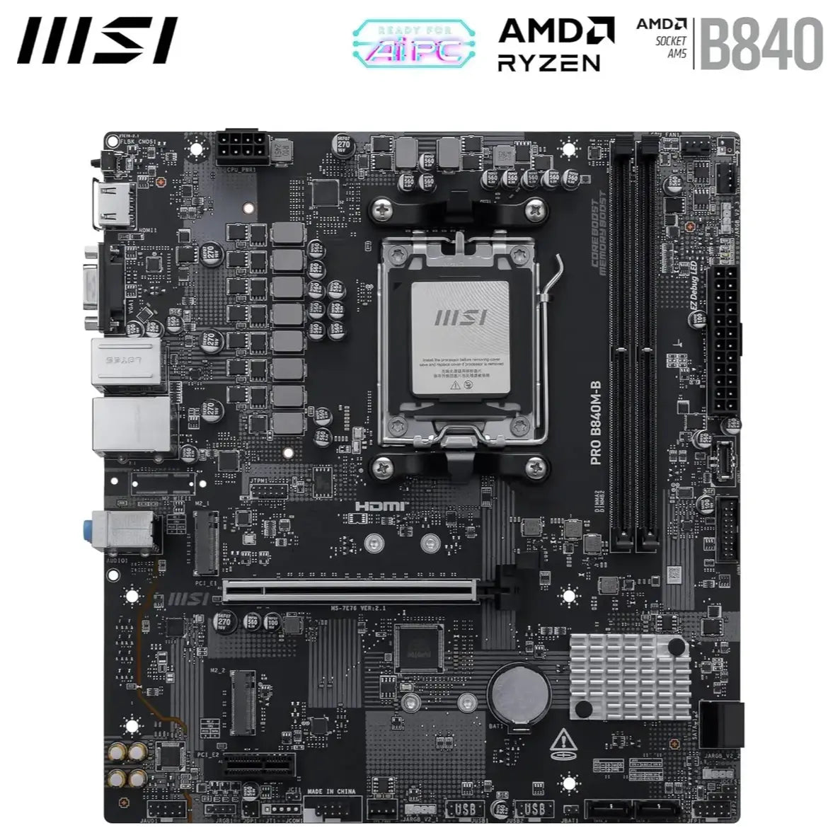 MSI Pro B840M-B Motherboard Micro ATX AM5, DDR5 8000+MT/s OC, PCIe 4.0x16, M.2 Gen4, 2.5G LAN