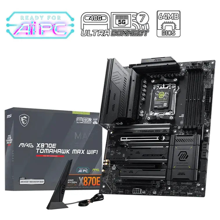 MSI MAG X870E Tomahawk Max WiFi Motherboard ATX, AMD Ryzen 9000/8000/7000, DDR5 8400+MT/s OC, PCIe 5.0, M.2 Gen5, Wi-Fi 7, 5G LAN