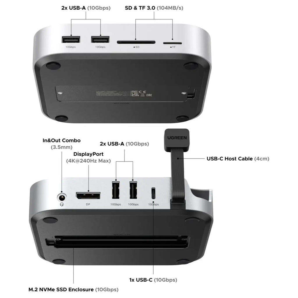 UGREEN Mac Mini M4 Dock With 4K 144Hz Display Port and SSD Enclosure, 8TB, 10Gbps, 4K 240Hz DP, USB-A and USB-C, SD and TF, Audio, 65488
