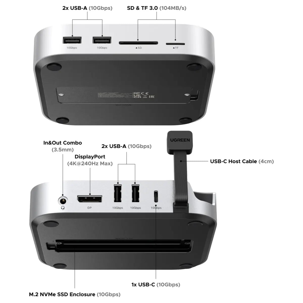 UGREEN Mac Mini M4 Dock With 4K 144Hz Display Port and SSD Enclosure, 8TB, 10Gbps, 4K 240Hz DP, USB-A and USB-C, SD and TF, Audio, 65488