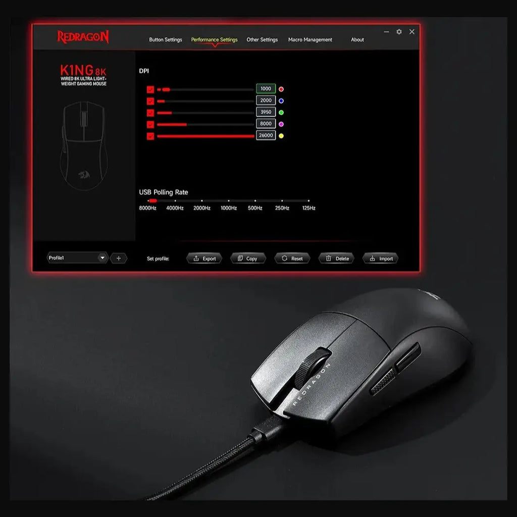 Redragon M996 K1NG Wired Gaming Mouse, 8000Hz, 26000 DPI, 5 Programmable Buttons, Dynamic RGB Lighting