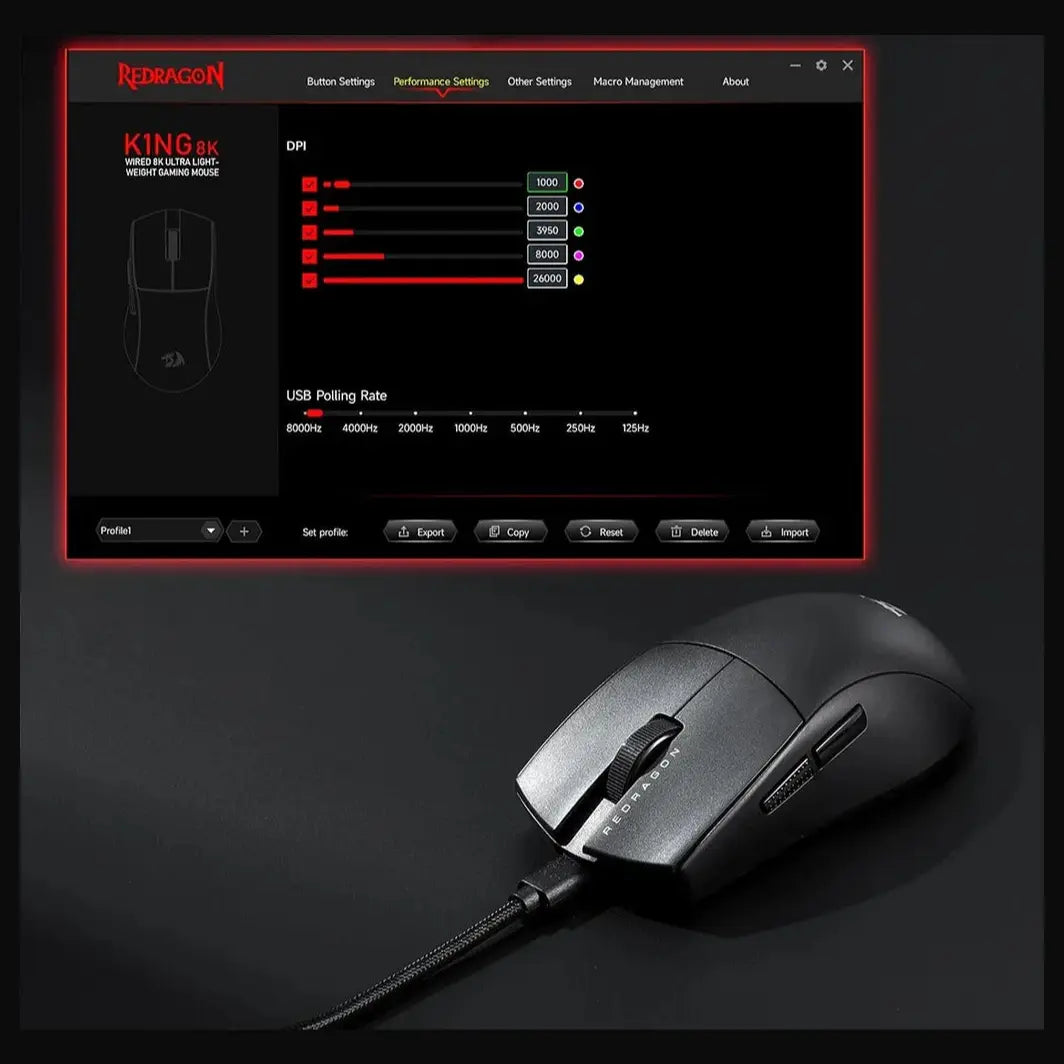 Redragon M996 K1NG Wired Gaming Mouse, 8000Hz, 26000 DPI, 5 Programmable Buttons, Dynamic RGB Lighting