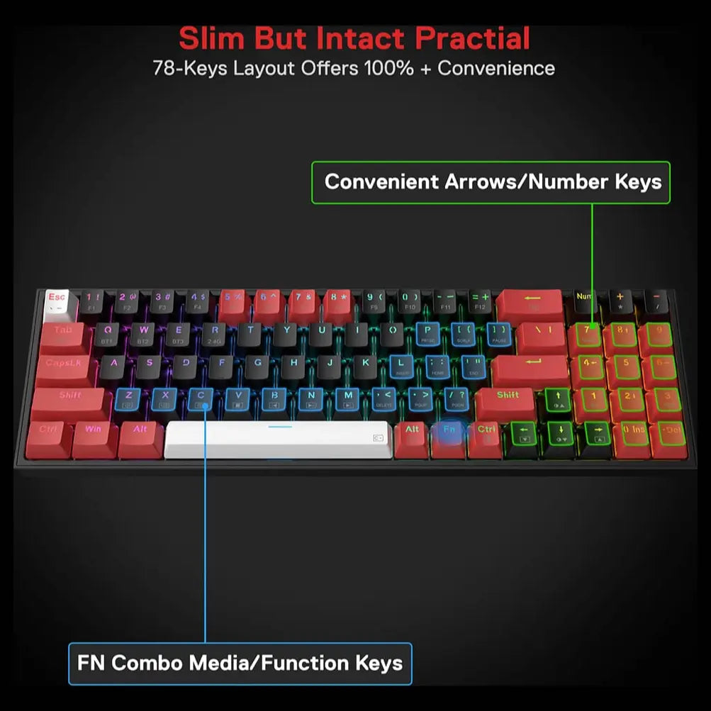 Redragon Pollux Pro K628 RGB Mechanical Keyboard 75% Tri-Mode Wireless USB-C BT 3.0/5.0 2.4GHz Linear Red Switches Hot-Swappable
