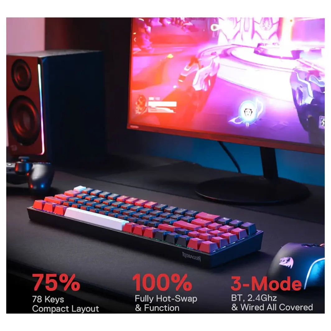 Redragon Pollux Pro K628 RGB Mechanical Keyboard 75% Tri-Mode Wireless USB-C BT 3.0/5.0 2.4GHz Linear Red Switches Hot-Swappable