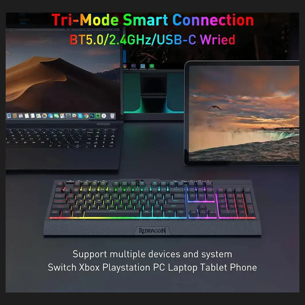 Redragon K525 Shiva PRO Wireless Gaming Keyboard, Tri-Mode USB-C Wired Bluetooth 3.0/5.0 and 2.4Ghz, RGB, 4 Macro Keys, Black