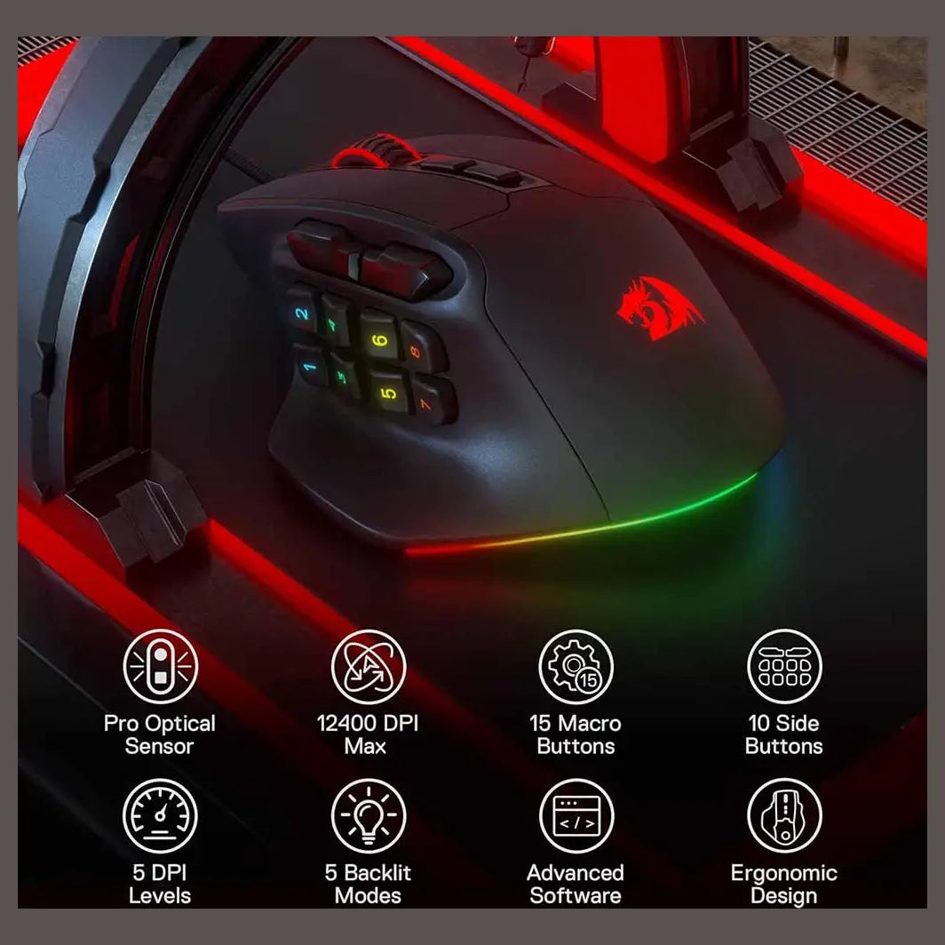Redragon M811 Aatrox MMO RGB Wired Gaming Mouse 12400 DPI 15 Programmable Buttons Black