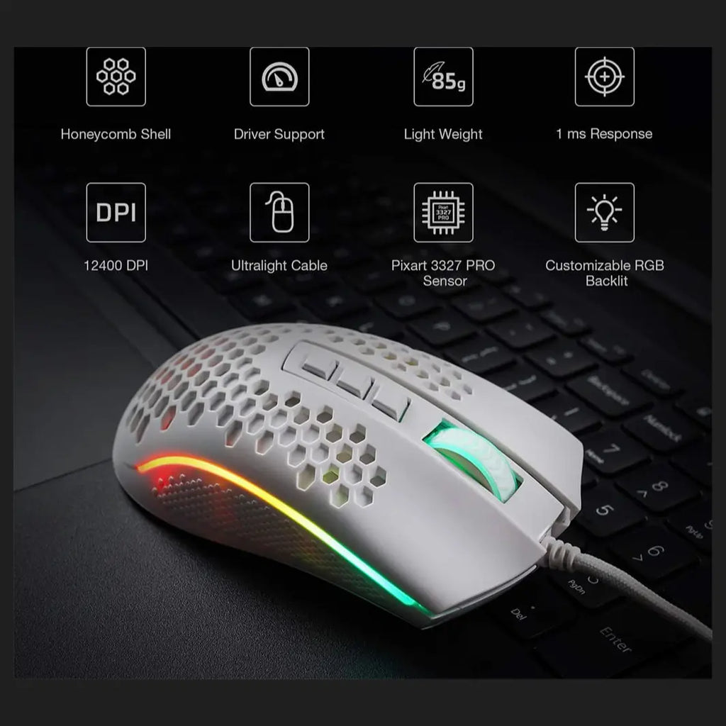 Redragon M808W Storm RGB Honeycomb Ultralight Gaming Mouse, 12400 DPI, 7 Programmable Buttons, White
