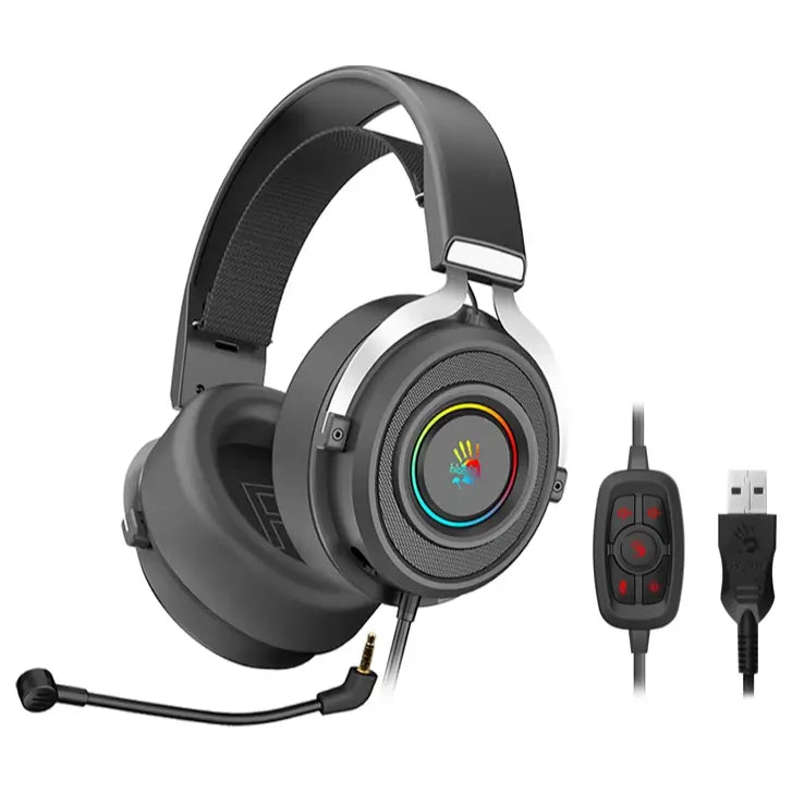 Bloody G535 Virtual 7.1 Surround Sound Gaming Headset, 50mm HD Driver, RGB Light, Detachable Mic Black and Silver