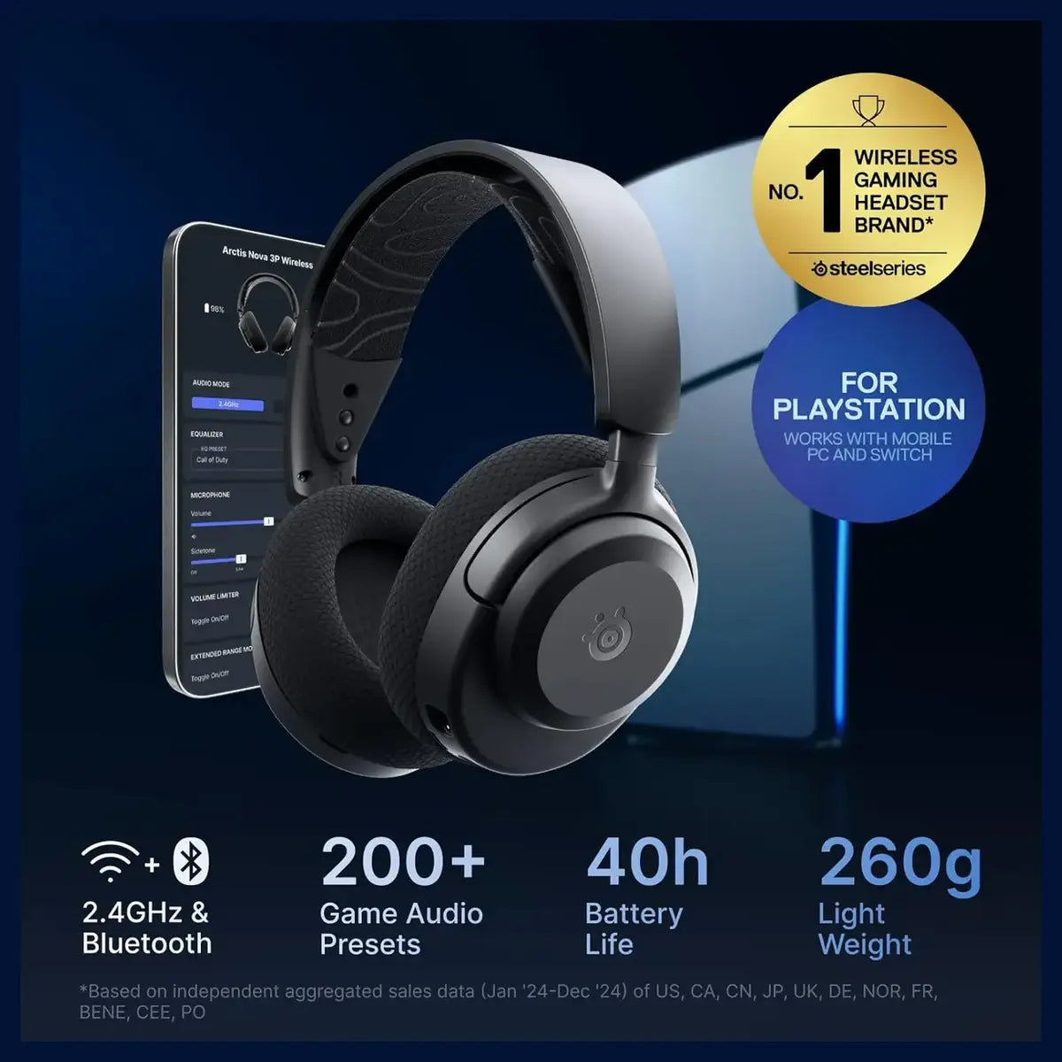SteelSeries Arctis Nova 3P Wireless PlayStation Gaming Headset, 2.4GHz and Bluetooth, 40Hr Battery, Detachable Mic, Black