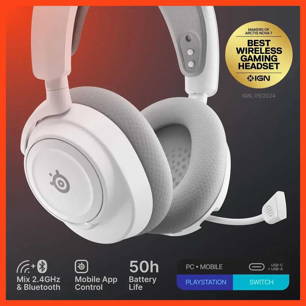 SteelSeries Arctis Nova 7 Wireless Gen 2 Gaming Headset, 2.4GHz Plus Bluetooth, 50H Plus Battery, USB-C Dongle, White