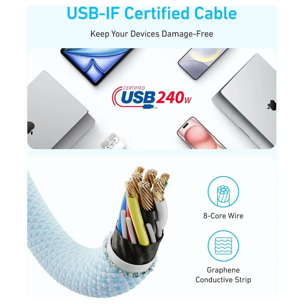 Anker Zolo USB-C to USB-C Charging Cable, 240W, 6ft, Braided, White