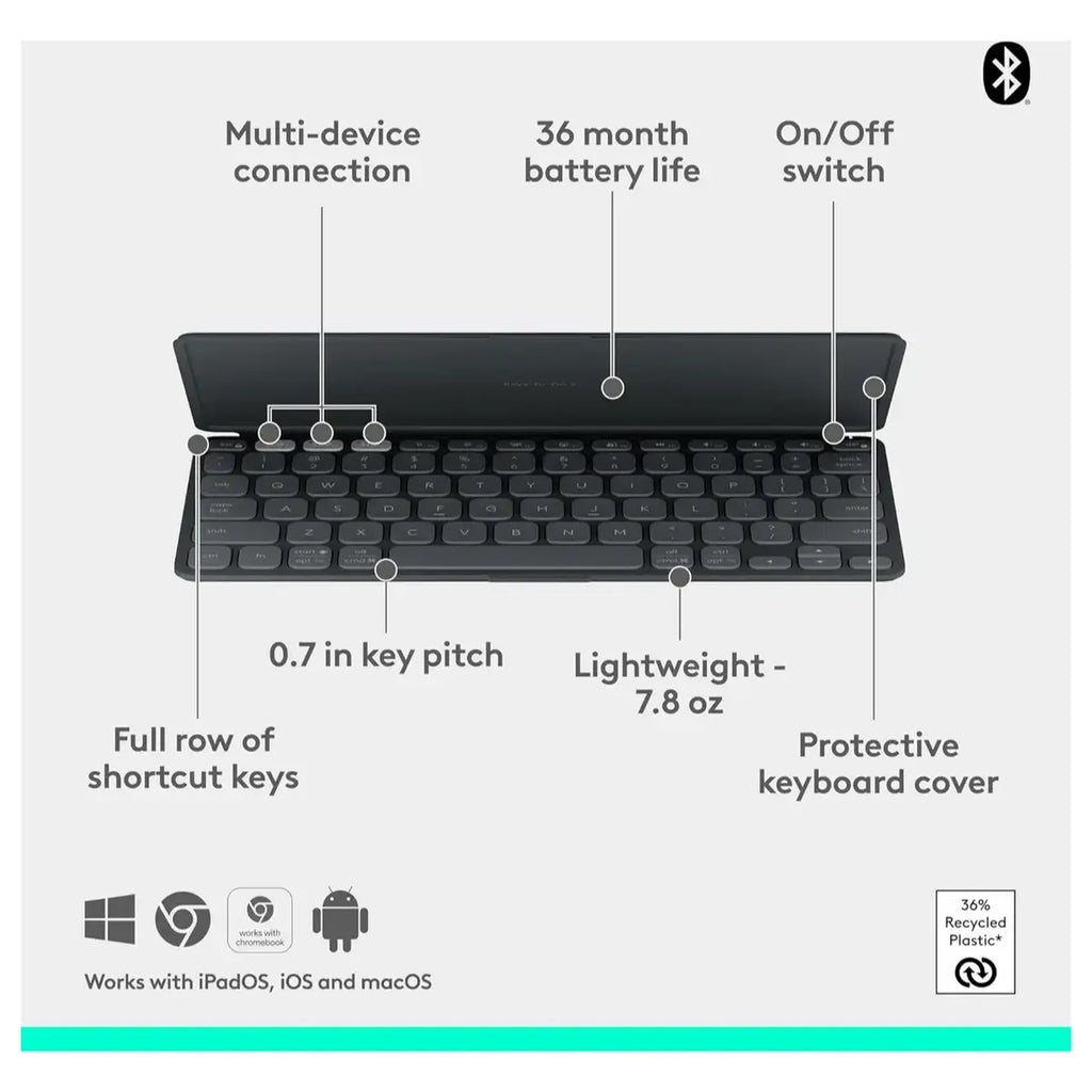 Logitech Keys-to-Go 2 Portable Bluetooth Tablet Keyboard with Built-in Cover, Wireless, Graphite