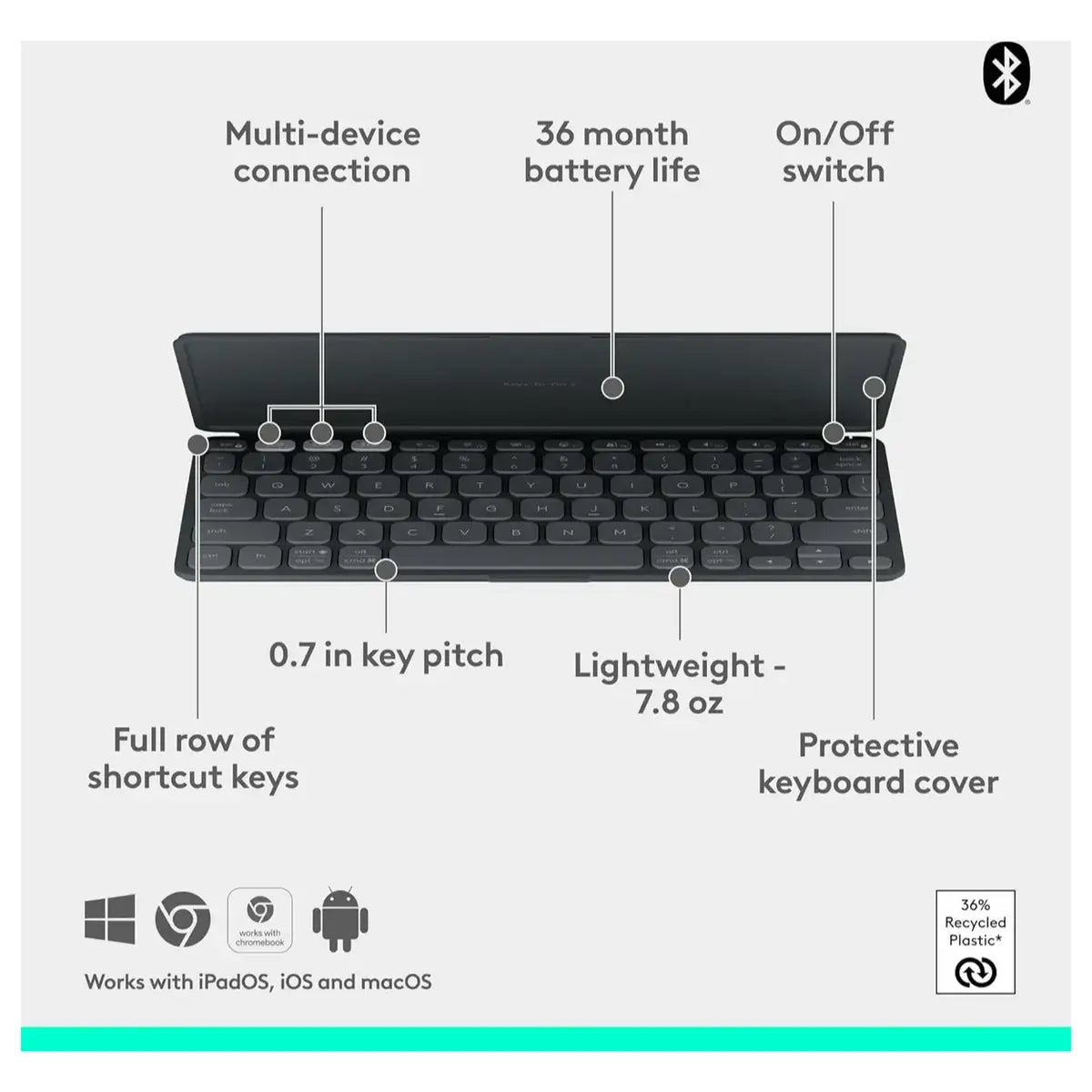 Logitech Keys-to-Go 2 Portable Bluetooth Tablet Keyboard with Built-in Cover, Wireless, Graphite