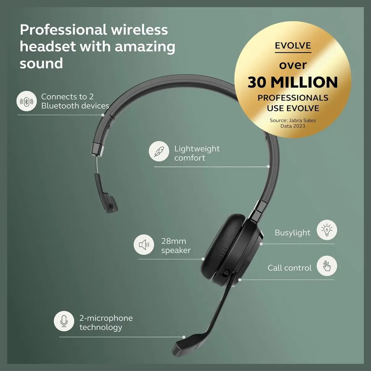 Jabra Evolve 65 TE Stereo Wireless Single-Ear Headphones Noise-Canceling Mic, 16hrs Battery Life, Dual Connectivity, Black